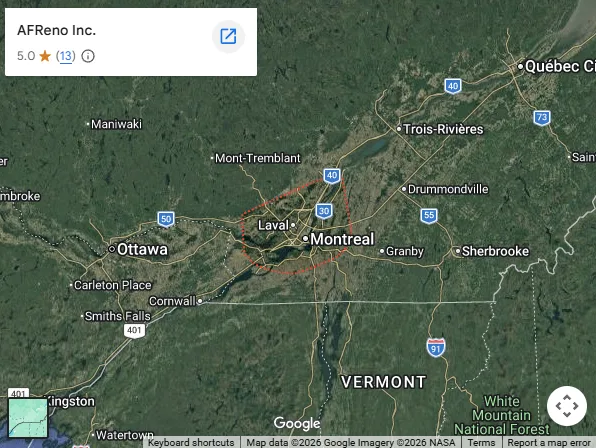 AFReno service area across Greater Montréal on Google Maps